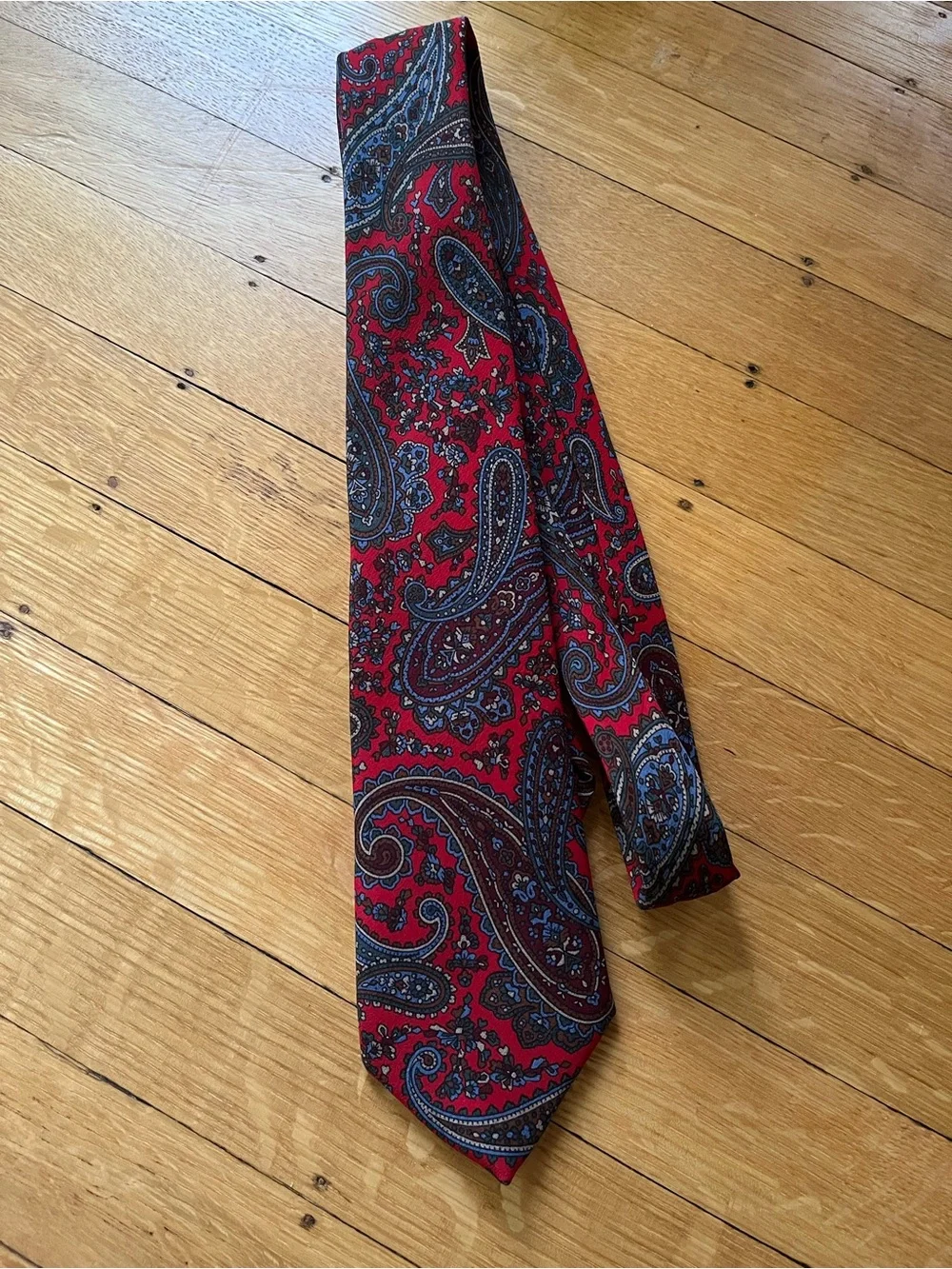 Red Paisley Men's Tie with Blue and Brown Accents